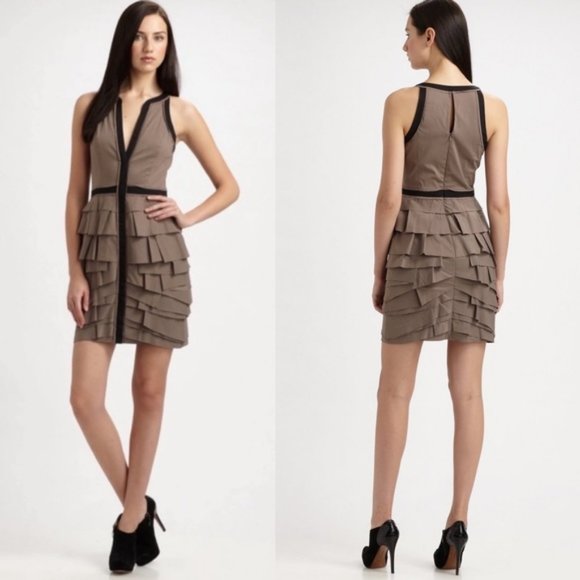 BCBGMAXAZRIA Aaron Grey Dusk Black Tiered Poplin Mini Sheath Dress 8 M L BNWT - Picture 2 of 16